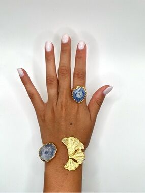 Gold and Blue Geode Statement Ring and Cuff Set - Women Jewelry